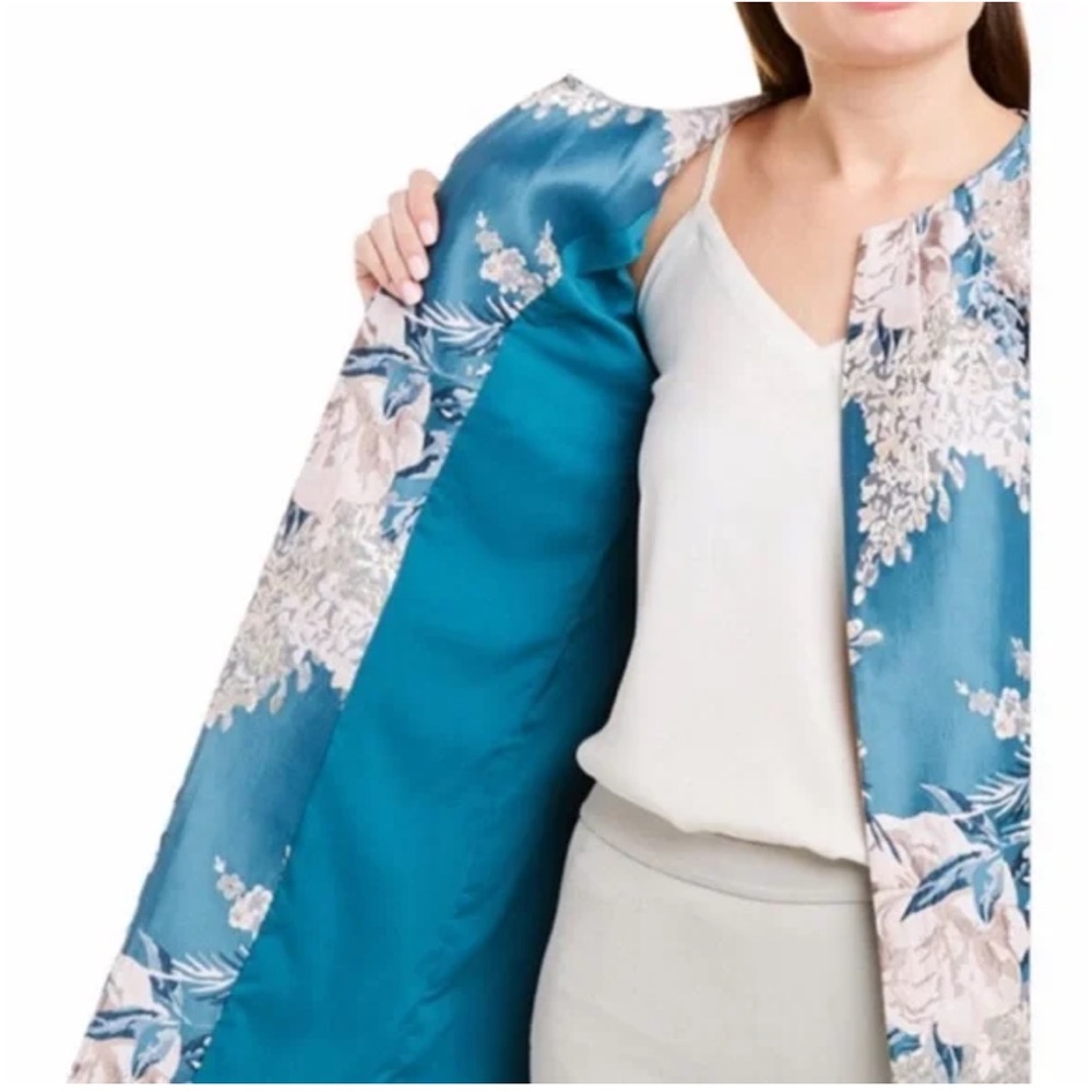 Tahari ASL Women's Floral-Jacquard Topper Jacket - Teal Pink jacket NEW 8 - Picture 4 of 10